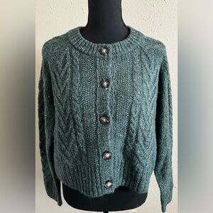 Dark Green Cable Knit Button-Up Sweater Cardigan